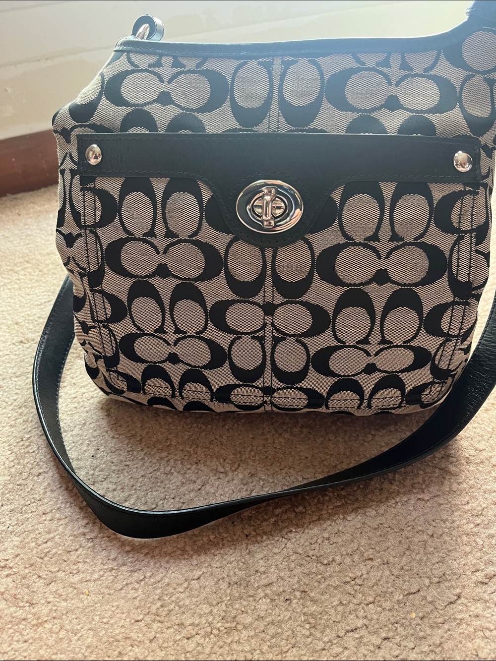 Coach Black and Beige Signature Shoulder Bag